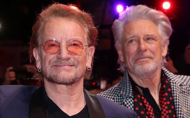 February 19, 2023: U2\'s Bono and Adam Clayton attend the \"Kiss The Future\" documentary film premiere during the 73rd Berlinale International Film Festival Berlin in Berlin, Germany.