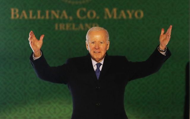 April 14, 2023: US President Joe Biden on stage for his public address in Ballina, Co Mayo.