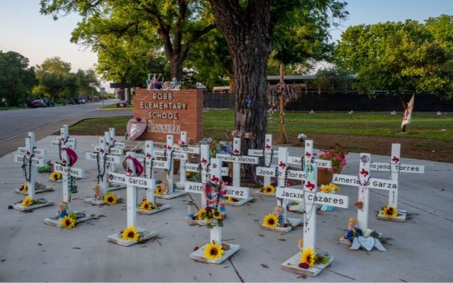 April 27, 2023:  A memorial dedicated to the 19 children and two adults murdered on May 24, 2022 during the mass shooting at Robb Elementary School in Uvalde, Texas. The town of Uvalde prepares to mark the 1-year anniversary of the 19 children and two adults murdered during last year\'s mass shooting at Robb Elementary School