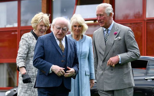  Ireland\'s Presiden Michael D. Higgins and Prince Charles, Prince of Wales visit the Glencree Centre for Peace and Reconciliation on May 20, 2019, in Enniskerry with their wives Sabina and Camila. 