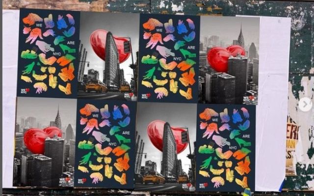 Faye Larkin\'s \"NYC Touch\" posters alongside Maxi McDonnell\'s \"Heartzilla.\"