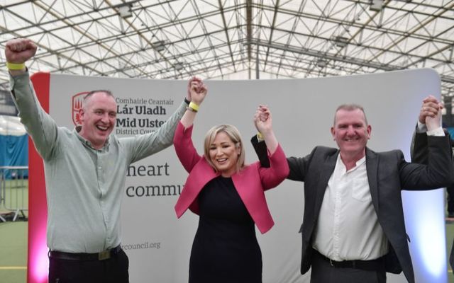 Sinn Fein northern leader Michelle O\'Neill celebrates with candidates and party workers as the count continues in the Northern Ireland council elections on May 19, 2023, in Magherafelt, Northern Ireland.