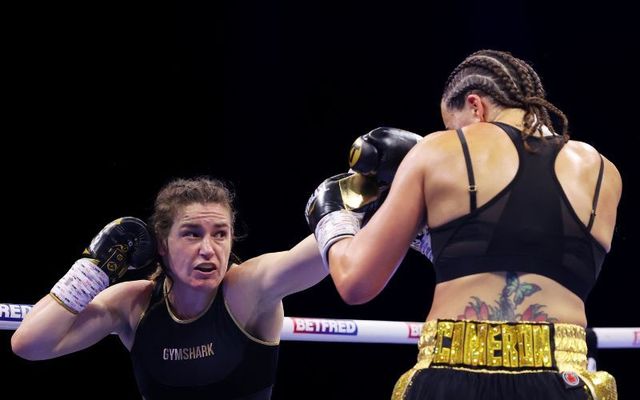 Katie Taylor punches Chantelle Cameron during the IBF, IBO, WBA, WBC and WBO World Super Lightweight Title fight between Katie Taylor and Chantelle Cameron at The 3Arena Dublin on May 20, 2023 in Dublin, Ireland.