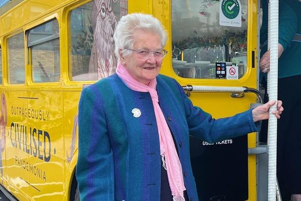 Birthday girl Máirín Hughes boarding a Vintage Tea Trips bus tour in Dublin to mark her 109th birthday.