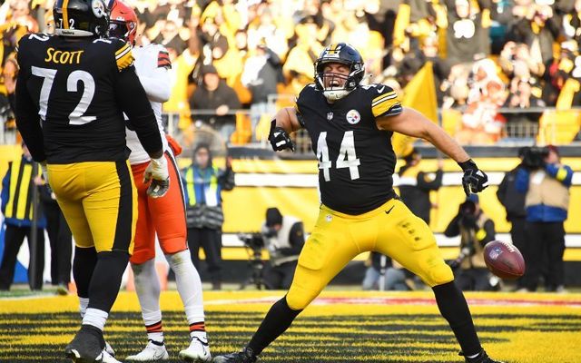 January 8, 2023: Derek Watt #44 of the Pittsburgh Steelers celebrates a touchdown during the fourth quarter of the game against the Cleveland Browns at Acrisure Stadium in Pittsburgh, Pennsylvania