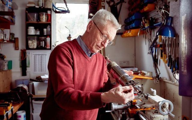 Mick O\'Brien works on an uilleann pipe in his workshop in Raheny, Dublin. 