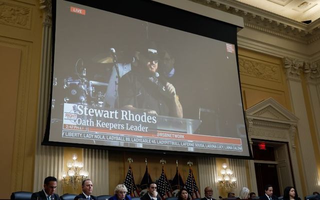 July 12, 2022: Oath Keepers founder Stewart Rhodes appears on a video screen above members of the Select Committee to Investigate the January 6th Attack on the U.S. Capitol during the seventh hearing on the January 6th investigation in the Cannon House Office Building in Washington, DC.