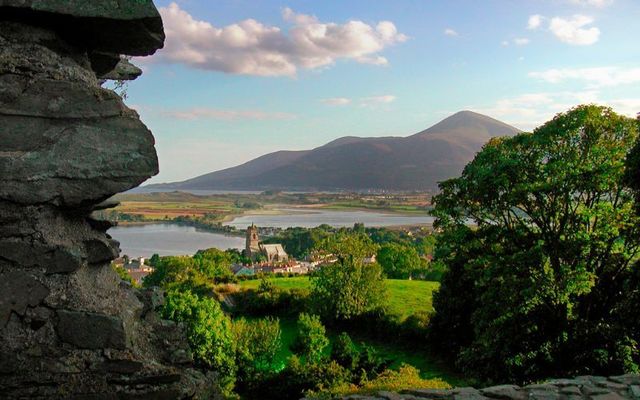 Dundrum Castle with the Mourne Mountains in the background. 