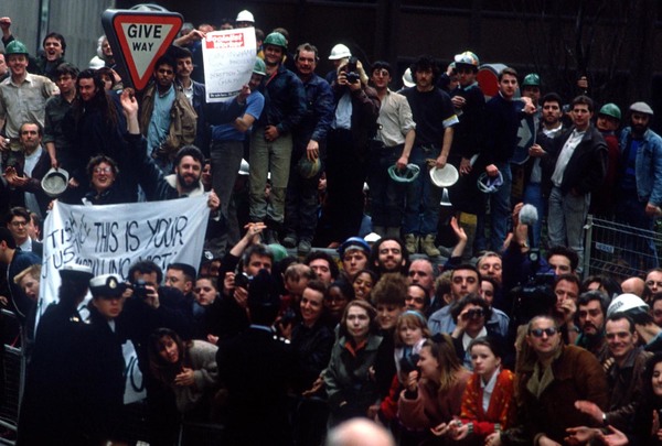 Crowds gather at the Old Bailey, in London, waiting for the release fo the Birmingham Six.