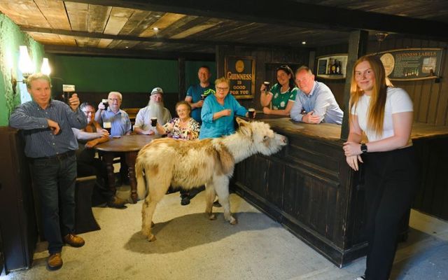 JJ Devine\'s Public House which featured in Martin McDonagh\'s Oscar-nominated movie \'The Banshees Of Inisherin\' was abandoned after the filming completed in Achill.  Luke Mee, Kathleen Mee, and Pat Igoe owners of Mee\'s Bar, Kilkerrin saved the set and rebuilt it in the North Galway village where it is now set to become a tourist attraction. They are joined by Holly the donkey. Photo:- Mike Shaughnessy.