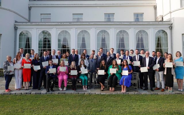37 Fulbright Irish Awardees for 2023-2024 pictured in the U.S. Ambassador’s Residence with Minister Thomas Byrne TD, U.S. Chargé d\'Affaires to Ireland Mike Clausen, Fulbright ED Dr Dara Fitzgerald and Fulbright Chair Prof. Diane Negra.  