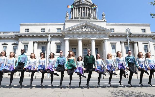 June 14, 2023: 12-year-old Sophia Farrell, an Autistic Irish Dancer, with members of the Riverdance troupe in of the Custom House in Dublin.