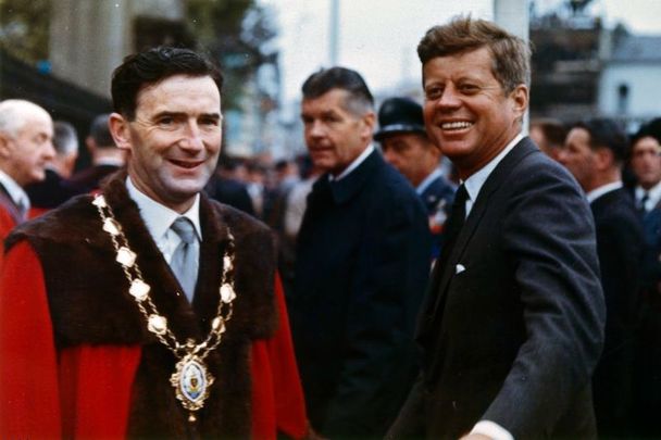 June 29, 1963: President John F. Kennedy and Mayor of Galway, Alderman Patrick D. Ryan (left), arrive at Eyre Square in Galway, Ireland, prior to a welcoming ceremony in honor of President Kennedy. 