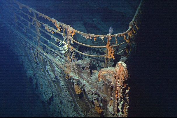 June 2004: View of the bow of the RMS Titanic photographed in June 2004 by the ROV Hercules during an expedition returning to the shipwreck of the Titanic.