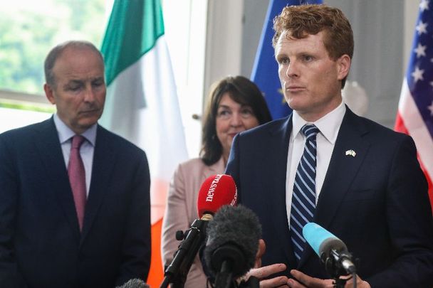 June 20, 2023:  Tánaiste and Minister for Foreign Affairs and Minister for Defence, Micheál Martin TD; U.S. Ambassador to Ireland Claire Cronin; and United States Special Envoy to Northern Ireland for Economic Affairs Joe Kennedy III in Iveagh House in Dublin.