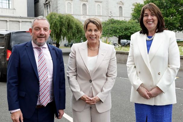 June 27, 2023: Cathaoirleach Jerry Buttimer, Governor of Massachusetts Maura Healey, and US Ambassador to Ireland Claire Cronin.