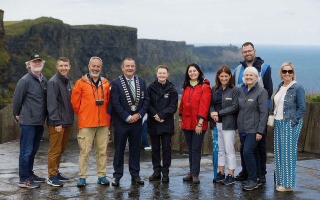 Pictured at the Cliffs of Moher Experience (L-R): Dr. Eamon Doyle and Seán O\'Farrell, Burren and Cliffs of Moher UNESCO Global Geopark; Dr. Babis Fassoulas, University of Crete; Cllr. Tony O’Brien, Cathaoirleach of Clare County Council; Geraldine Enright, Director of Cliffs of Moher Experience; Adina Popa, Hațeg Country UNESCO Global Geopark, Romania; Deirdre O\'Shea, Head of Tourism, Clare County Council; Mark O’Shaughnessy, Head of Operations, Cliffs of Moher Experience; Carol Gleeson, Manager of the Burren and Cliffs of Moher UNESCO Global Geopark; and Majella O\'Brien. 