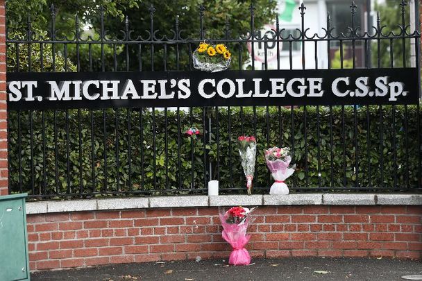July 3, 2023: Flowers left at St. Michael\'s College in Dublin, where Andrew O\'Donnell and Max Wall attended. The two Irish 18-year-olds died in Greece over the weekend.
