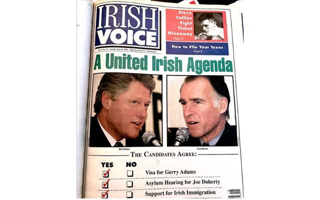 The cover of the April 14, 1992 edition of the Irish Voice, reporting on then presidential candidate Bill Clinton’s commitment to the Irish agenda.
