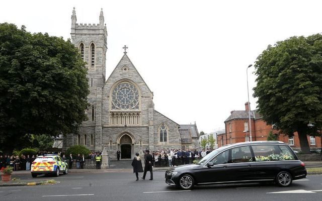 July 10, 2023: The hearse with the coffin of Max Wall arrives at the Church of the Sacred Heart in Donnybrook, Dublin.
