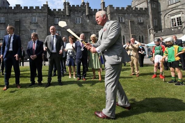 May 11, 2017: The Prince of Wales takes a shot with the hurl in Kilkenny Castle during the second day of his state visit to Ireland.