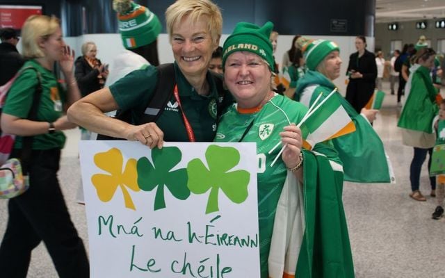 July 19, 2023: Ireland Women’s National Team manager Vera Pauw with a fan at Sydney Airport.