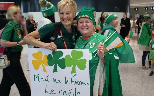 July 19, 2023: Ireland Women’s National Team manager Vera Pauw with a fan at Sydney Airport.