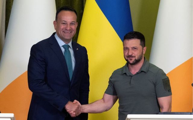 July 19, 2023: Taoiseach Leo Varadkar shakes hands with Ukrainian President Volodymyr Zelenskyy on the day of a joint news briefing at Horodetskyi House in Kyiv, Ukraine.