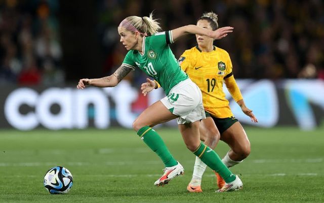 July 20, 2023:  Denise O\'Sullivan of Republic of Ireland goes past Katrina Gorry of Australia during the FIFA Women\'s World Cup Australia & New Zealand 2023 Group B match between Australia and Ireland at Stadium Australia in Sydney, Australia.\n