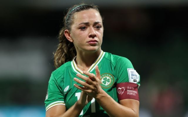 July 26, 2023: Katie McCabe of Republic of Ireland applauds fans after her team\'s 1-2 defeat in the FIFA Women\'s World Cup Australia & New Zealand 2023 Group B match against Canada at Perth Rectangular Stadium in Perth, Australia.