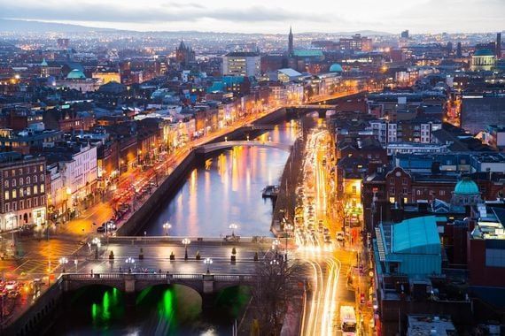 Aerial shot of Dublin City at night.