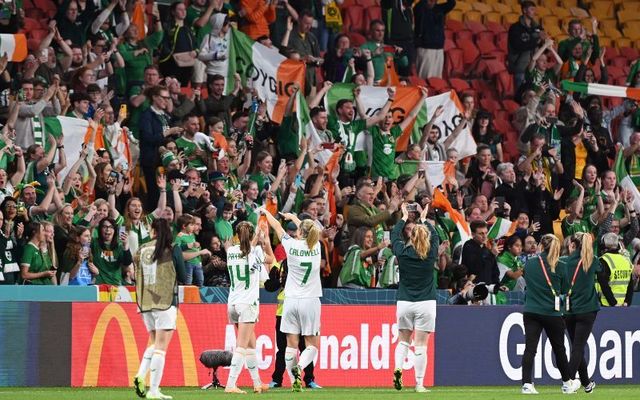 Ireland players acknowledge the fans after the draw during the FIFA Women\'s World Cup match between Ireland and Nigeria at Brisbane Stadium on July 31, 2023.