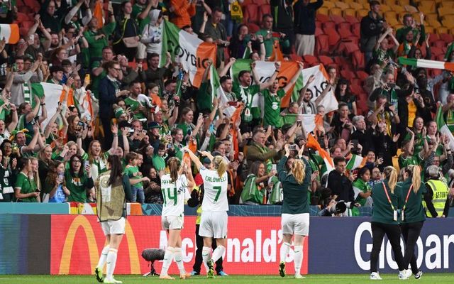 Ireland players acknowledge the fans after the draw during the FIFA Women\'s World Cup match between Ireland and Nigeria at Brisbane Stadium on July 31, 2023.