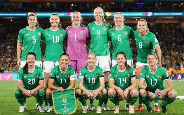 July 20, 2023: Players of Republic of Ireland pose for a team photo prior to the FIFA Women\'s World Cup Australia & New Zealand 2023 Group B match between Australia and Ireland at Stadium Australia in Sydney, Australia.