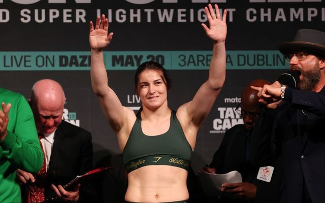 May 19, 2023: Katie Taylor acknowledges the crowd during weigh-in at The 3Arena Dublin in Dublin, Ireland. 