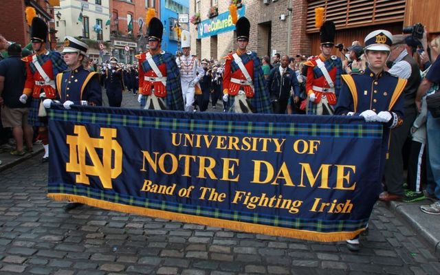 September 1, 2012: University of Notre Dame marching band in Dublin\'s Temple Bar for the tail gate party before the Emerald Isle Classic between Notre Dame and Navy in the Aviva Stadium.