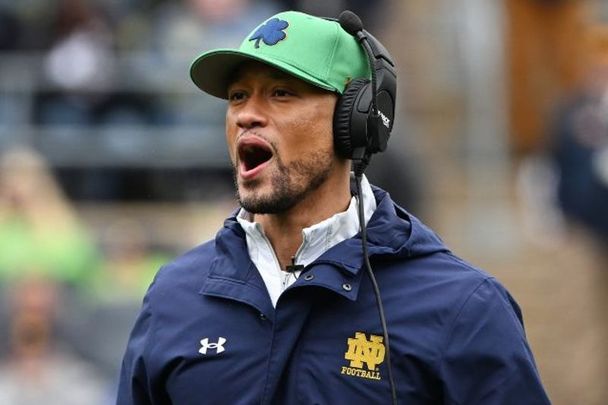 April 22, 2023: Notre Dame Head Coach Marcus Freeman reacts during the Notre Dame Blue-Gold Spring Football Game at Notre Dame Stadium in South Bend, Indiana. 