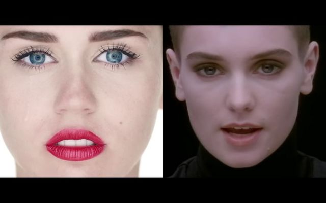 Miley Cyrus in her \"Wrecking Ball\" video and Sinéad O\'Connor in her \"Nothing Compares 2 U\" video.