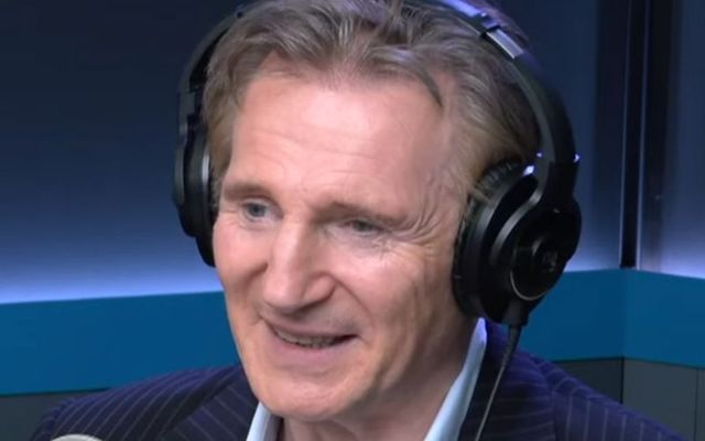 Liam Neeson recording with Conan O\'Brien for the \"Conan O\'Brien Needs A Friend\" podcast.