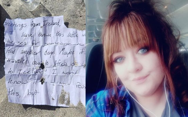 Irish woman Aoife Byrne and her message in a bottle after it was found in on a beach in Wildwood, New Jersey.