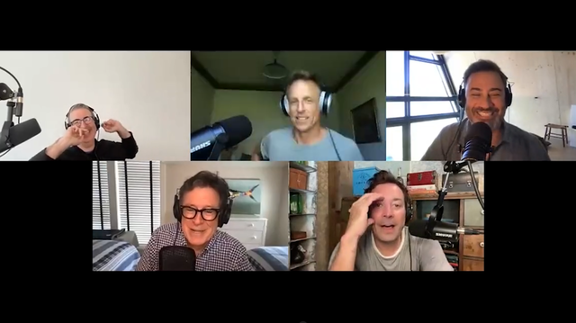 John Oliver, Seth Meyers, Jimmy Kimmel, Stephen Colbert, and Jimmy Fallon on Spotify\'s \"Strike Force Five\" podcast.