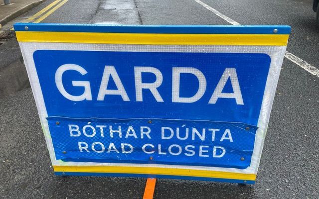 August 26, 2023: Garda Road Closure sign at the scene of the overturned car on the Mountain Road in Clonmel, Co Tipperary, where four young people, including two siblings, died on August 25.