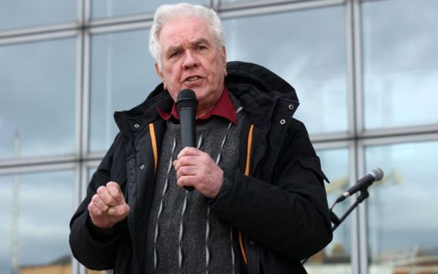 Fr. Peter McVerry speaking to protesters facing eviction from Tierney House protesting outside Dublin County Council offices on Wood Quay