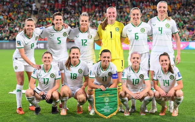 Republic of Ireland players pose for a team photo prior to the FIFA Women\'s World Cup Australia & New Zealand 2023 Group B match between Ireland and Nigeria at Brisbane Stadium on July 31, 2023 in Brisbane, Australia. 