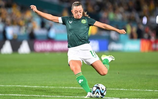 July 20, 2023: Katie McCabe of Republic of Ireland warms up prior to the FIFA Women\'s World Cup Australia & New Zealand 2023 Group B match between Australia and Ireland at Stadium Australia in Sydney, Australia.