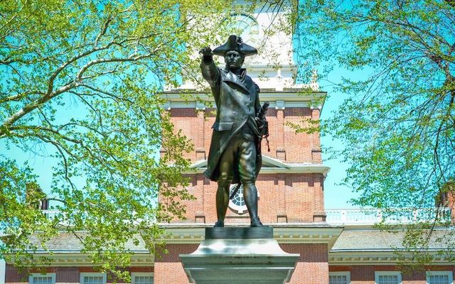 The Commodore Barry statue, depicting the Irish-born war hero\'s sword, at Independence Hall in Philadelphia,