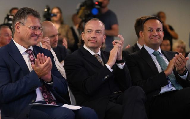 September 11, 2023:  Northern Ireland Secretary Chris Heaton-Harris (C), Taoiseach Leo Varadkar (R), and European Commission vice-president Maros Sefcovic (L) are pictured at the announcement of PEACEPLUS in Belfast, Northern Ireland.