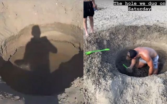 Dave Kennedy and the \"suspected meteorite crater\" (L), Lads digging the hole on Portmarnock Beach (R).