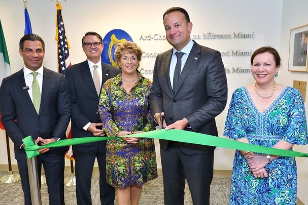 September 21, 2023: Florida’s Secretary of State Cord Byrd, Mayor of Miami Francis Suarez, Ireland\'s Ambassador to the US Geraldine Byrne-Nason, Taoiseach Leo Varadkar, and Consul General Sarah Kavanagh at the opening of the new Consulate General of Ireland in Miami.
