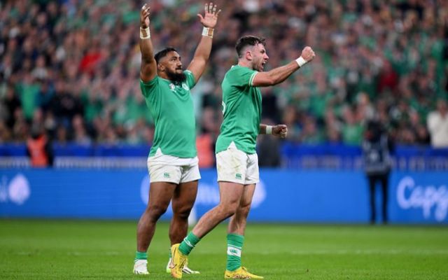 Bundee Aki and Hugo Keenan of Ireland celebrate during Ireland\'s win over South Africa at the Stade de France. 